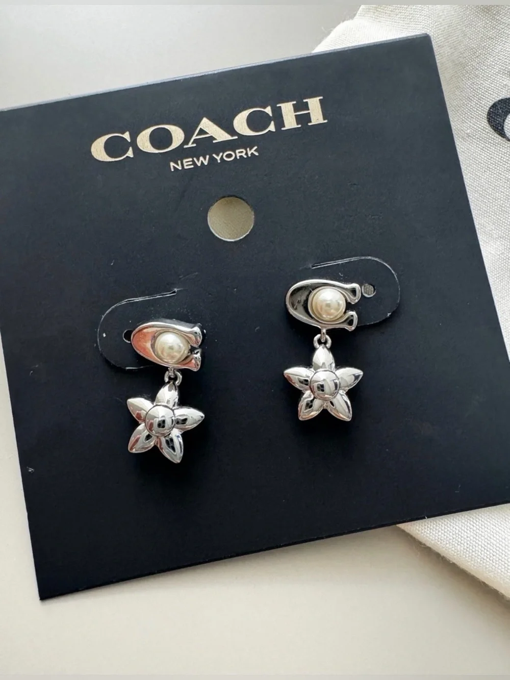 COACH Silver Floral Pearl Drop Earrings